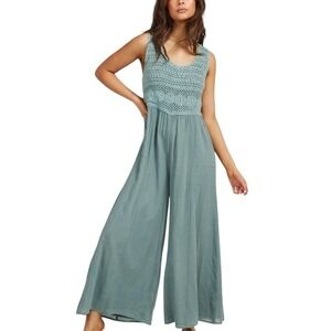 Talisman Crochet Bodice Wide Leg Jumpsuit Sage Green Boho Sleeveless Size S